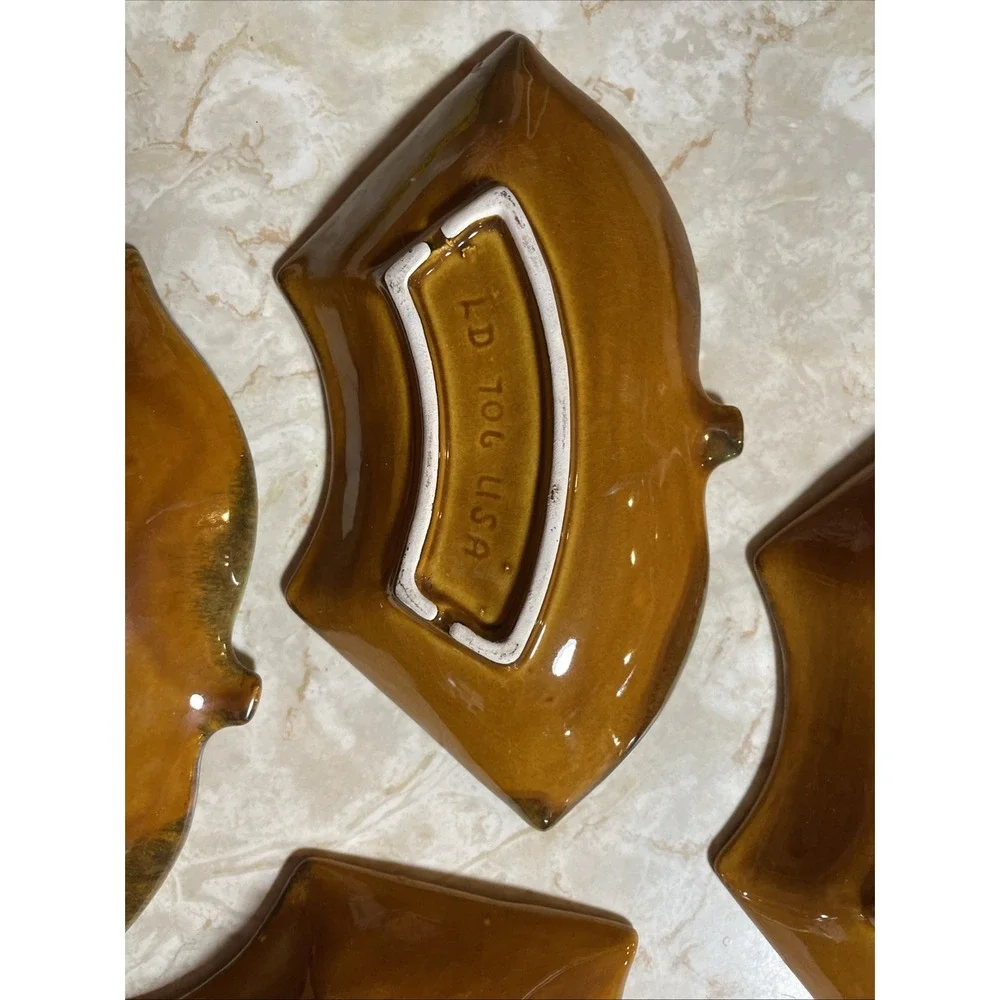 Vintage MCM ceramic lazy susan relish dish set leaf‎ or acorn green brown glaze